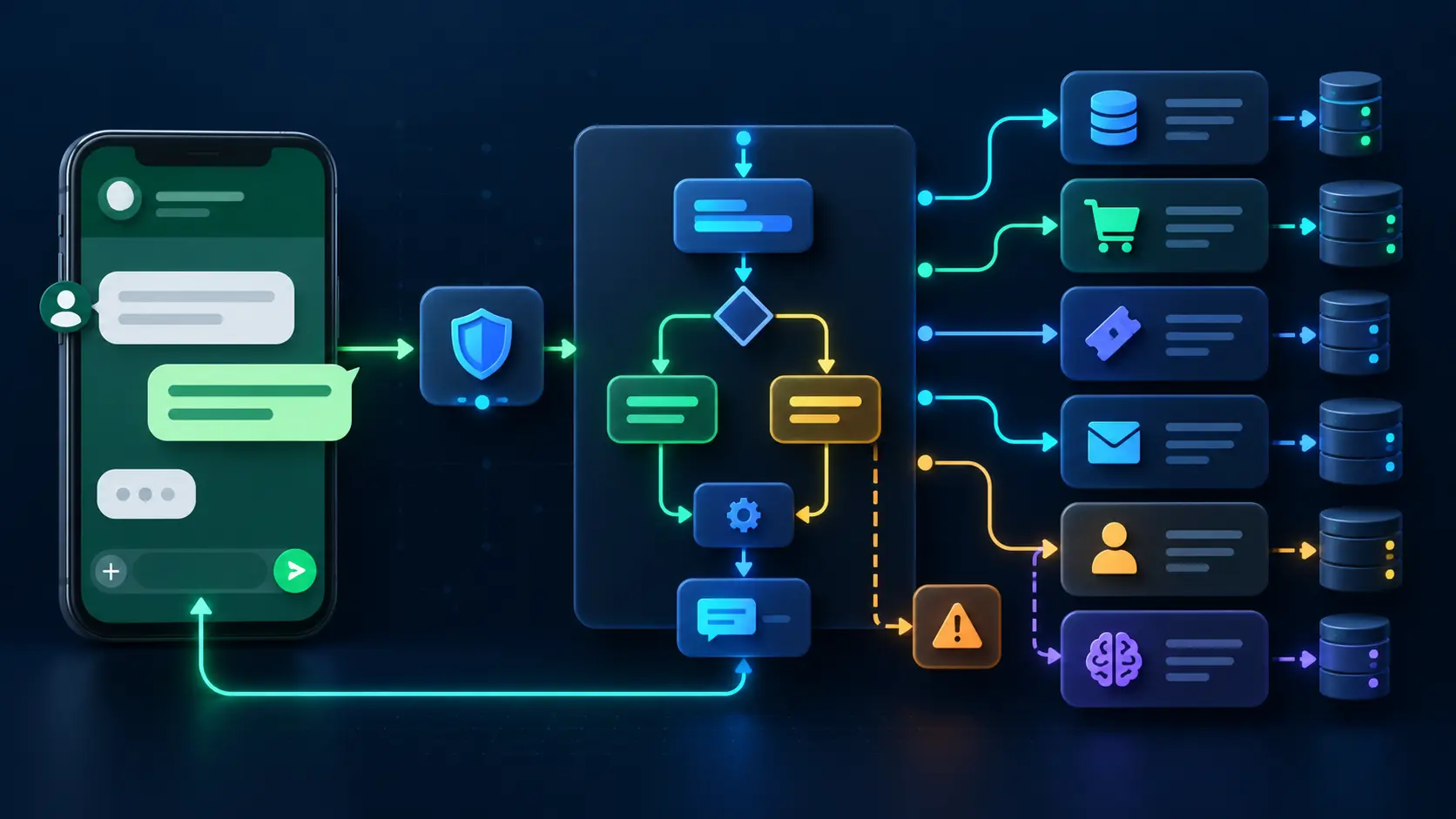 Flujo para conectar WhatsApp Business con n8n, procesar mensajes e integrar CRM, soporte, pedidos, correo e inteligencia artificial