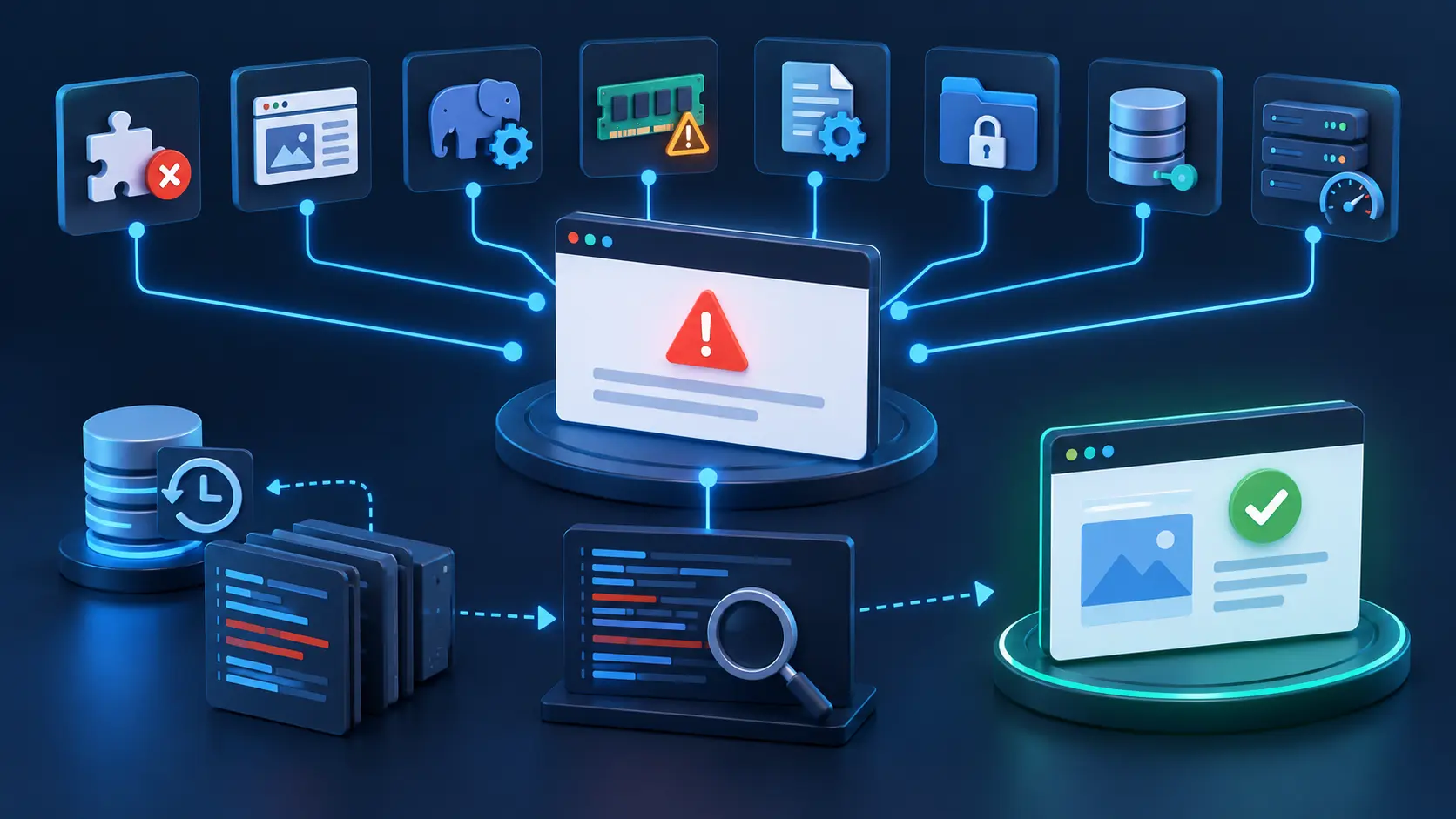 Diagnóstico de un error 500 en WordPress revisando plugins, PHP, memoria, archivos, permisos, base de datos y servidor